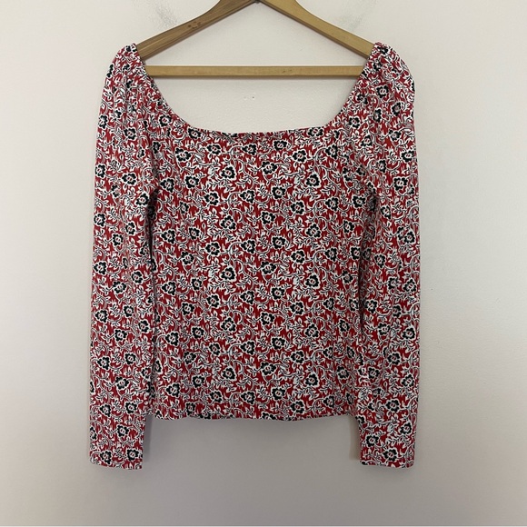 Boden Red and Black Floral Sweetheart Neck Long Sleeve Jersey Knit Top Size 8 - Picture 3 of 5